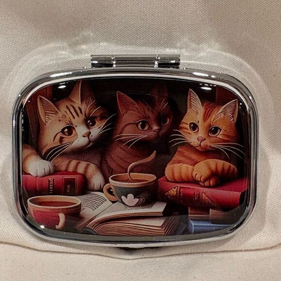 Cat Reading Book Club Travel Pill Box 2 Compartment Medicine Pill Case Metal NWT - Picture 1 of 5